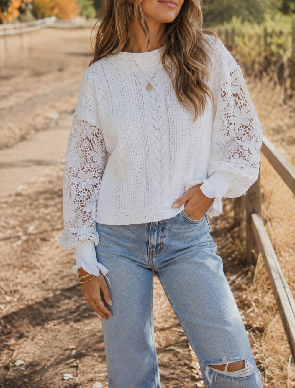 White Cable Knit Sweater Lace Balloon Sleeves Romantic Cottagecore Boho Fall